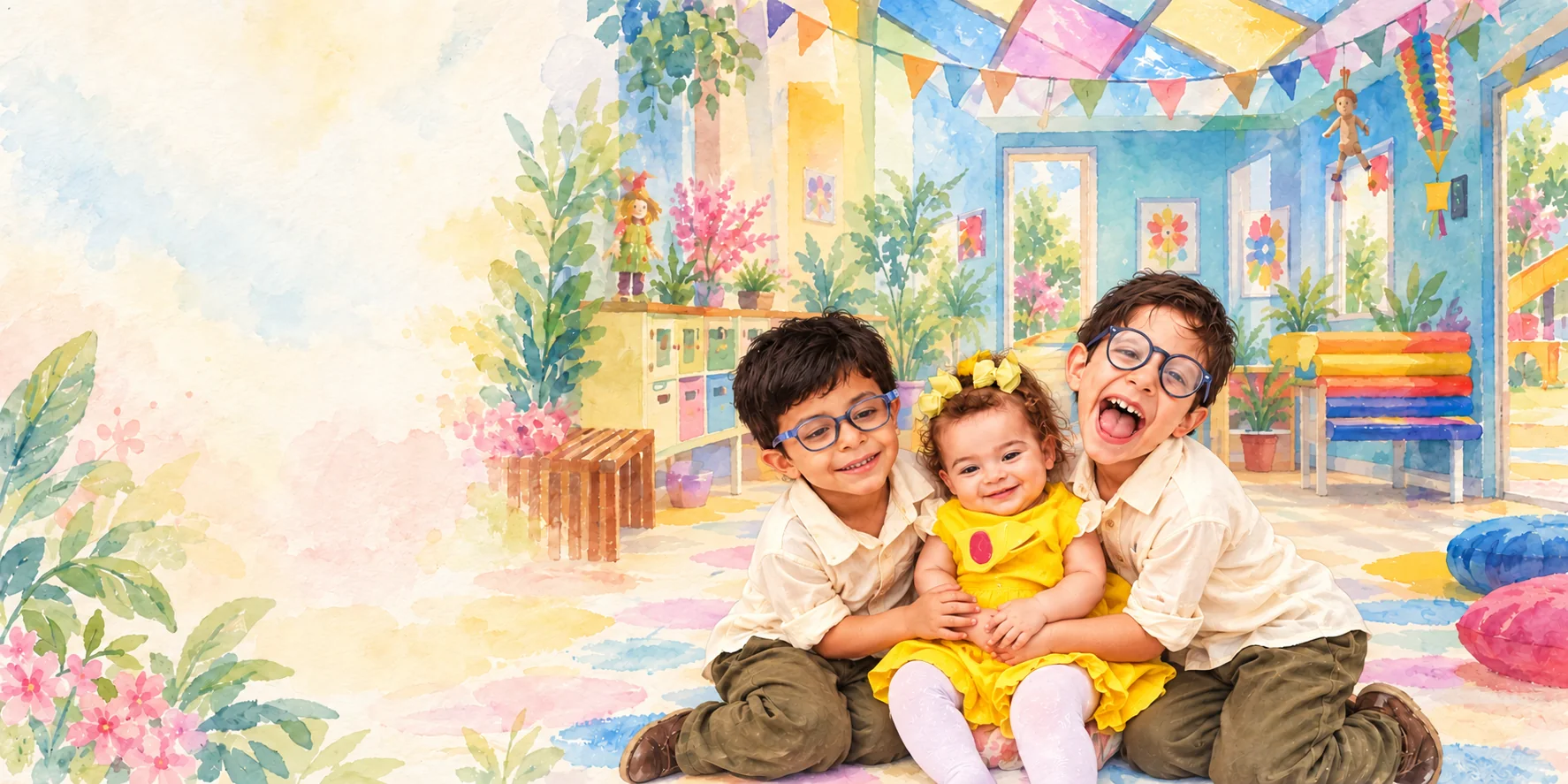 Heitor, Davi e Melinda juntos em um ambiente escolar ilustrado